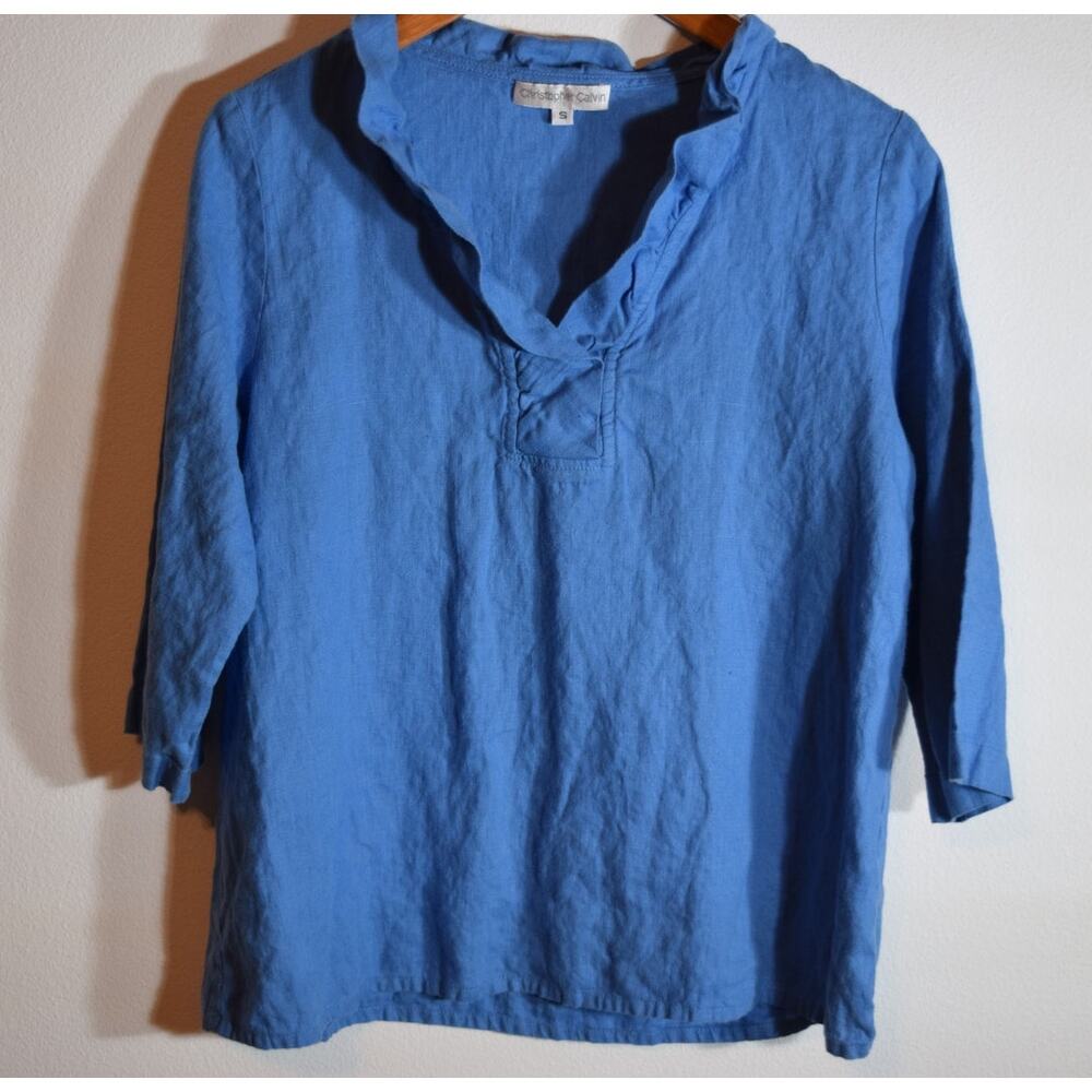 Christopher Calvin Blue Linen Tunic Blouse Women’s Small Made USA Boho Top